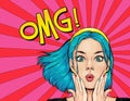 Surprised young sexy woman  in comic style. Amazed lady saying OMG. Pop Art girl with shocked face. Royalty Free Stock Photo