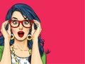 Surprised young woman with open mouth in glasses.Comic woman.