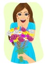 Surprised young woman receiving bouquet of wild flowers on a date from men's hand