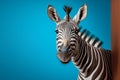 Surprised zebra peeking from corner on blue background. Generative AI