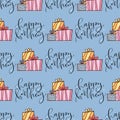 Surprises repeating pattern. Happy birthday pattern with giftboxes. Wrap paper design on blue background Royalty Free Stock Photo