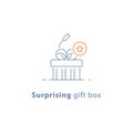 Prize give away, surprising gift, emotional present, fun experience, gift idea concept, line icon