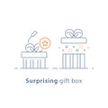 Prize give away, surprising gift, unusual present, fun experience, gift idea concept, line icon