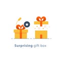 Prize give away, surprising gift, creative present, fun experience, gift idea concept, flat icon