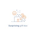 Prize give away, surprising gift, emotional present, fun experience, gift idea concept, line icon Royalty Free Stock Photo