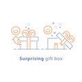 Prize give away, surprising gift, emotional present, fun experience, gift idea concept, line icon