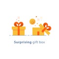 Prize give away, surprising gift, emotional present, fun experience, gift idea concept, flat icon Royalty Free Stock Photo