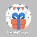 Happy birthday party, surprising gift, red box, blue ribbon, present giveaway, special prize, congratulation concept Royalty Free Stock Photo