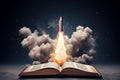 Surprising Rocket coming out of open book banner. Generate Ai