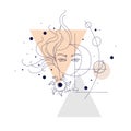 Surreal abstract female face with moon, sun and planets, and geometric shapes and lines on a white background Royalty Free Stock Photo
