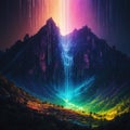 Surreal abstract landscape, digital raindrops falling down a fractured, pixelated mountain range, illuminated by neon, pulsating