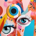 Surreal abstract painting with many eyes and multicolor spots . AI generative image.