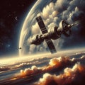 Surreal abstract watercolor space station orbiting a distant p