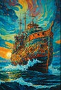 A surreal acrylic painting of a designed ship-like vessel, adorned with vibrant and fantastical patterns, mysterious, fantasy art