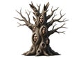A surreal, AI-generated image depicting a tree with human faces embedded in its twisting wooden Royalty Free Stock Photo