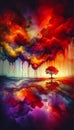 Surreal Alcohol Ink Landscape with Upside-Down Trees and Roots Reaching Toward a Fiery Sky in Vibrant Colors