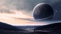 Surreal alien landscape with a blue planet with rings in the sky and the back view of a lonely human in a rolling valley, made Royalty Free Stock Photo