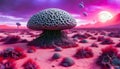 Surreal Alien Landscape with Giant Fungi and Floating Spheres Royalty Free Stock Photo