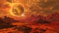 Surreal alien landscape with giant planet, dramatic skies, and red terrain. perfect for sci-fi and fantasy themes. ideal Royalty Free Stock Photo