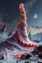 Surreal Alien Landscape with Towering Glowing Spire and Moonlit Sky Royalty Free Stock Photo