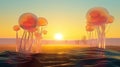 Surreal alien landscape with translucent spherical jelly organisms rising from the smooth water. Generative AI Royalty Free Stock Photo