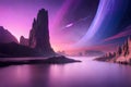 A surreal and alien planet landscape with towering rock spires and a swirling purple sky