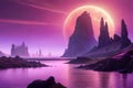 A surreal and alien planet landscape with towering rock spires and a swirling purple sky