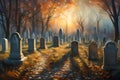 A surreal All Saints\' Day scene in a mystical graveyard, where ethereal light bathes ancient tombstones