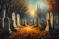 A surreal All Saints\' Day scene in a mystical graveyard, where ethereal light bathes ancient tombstones