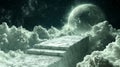 surreal altar carved from floating marble hovers in clouds. Mystical beings present glowing orbs unseen deity amid