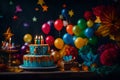 Surreal ambiance unfolds as a beautifully decorated kids\' birthday cake, Royalty Free Stock Photo