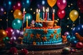 Surreal ambiance unfolds as a beautifully decorated kids\' birthday cake, Royalty Free Stock Photo