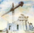 Surreal ancient roman temple in blue with big crane. Contrast Concept between ancient modern.