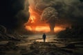 Surreal and apocalyptic landscape view of humanity extinction in fire