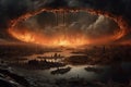 Surreal and apocalyptic landscape view of humanity extinction in fire
