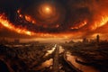 Surreal and apocalyptic landscape view of humanity extinction in fire