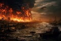 Surreal and apocalyptic landscape view of humanity extinction in fire