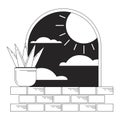 Surreal arch with plant on windowsill bw concept vector spot illustration