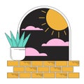 Surreal arch with plant on windowsill flat line concept vector spot illustration