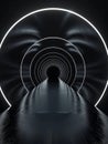 A surreal architectural composition featuring a long, dark tunnel with a glowing, concentric pattern of illuminated