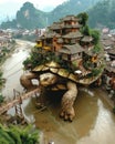 Surreal Architecture Cluster of Ancient Houses atop a Giant Turtle amid Bustling Mountain