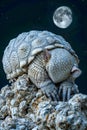 Surreal Armadillo Sculpture on Rocky Terrain Under Moonlit Night Sky