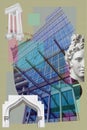 Surreal art collage with elements of classic architectural details, antique statues, new building facades, construction