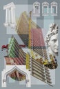 Surreal art collage with elements of classic architectural details, antique statues, new building facades, construction