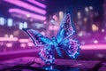 Surreal artificial cyborg cyberpunk glowing monarch butterfly with blue and pink neon lights flying against a blurred futuristic