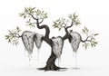Surreal artwork depicting a tree with twisted branches, featuring four melting clocks draped over Royalty Free Stock Photo