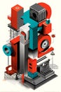 Surreal artwork featuring a complex, three-dimensional assembly of geometric