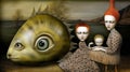 Surreal artwork featuring a large fish with human eyes and a family.