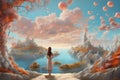 surreal artwork ,hope life dream way and ambition concept. Woman looking at fantasy nature