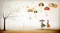 Surreal artwork with two stylized figures under umbrellas.